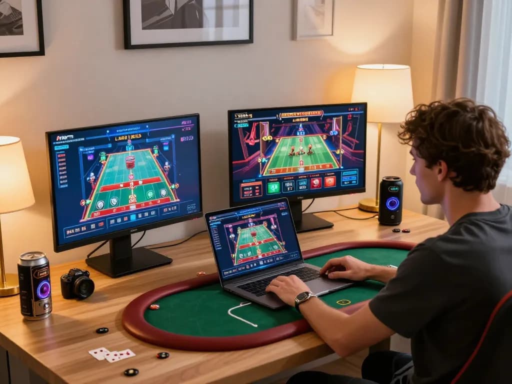 Engaging in high-stakes poker online at uu88 with multiple screens in a stylish gaming setup.