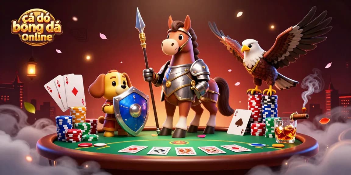 Cá độ bóng đá online illustrated scene featuring a knight, a puppy, and a falcon at a poker table.