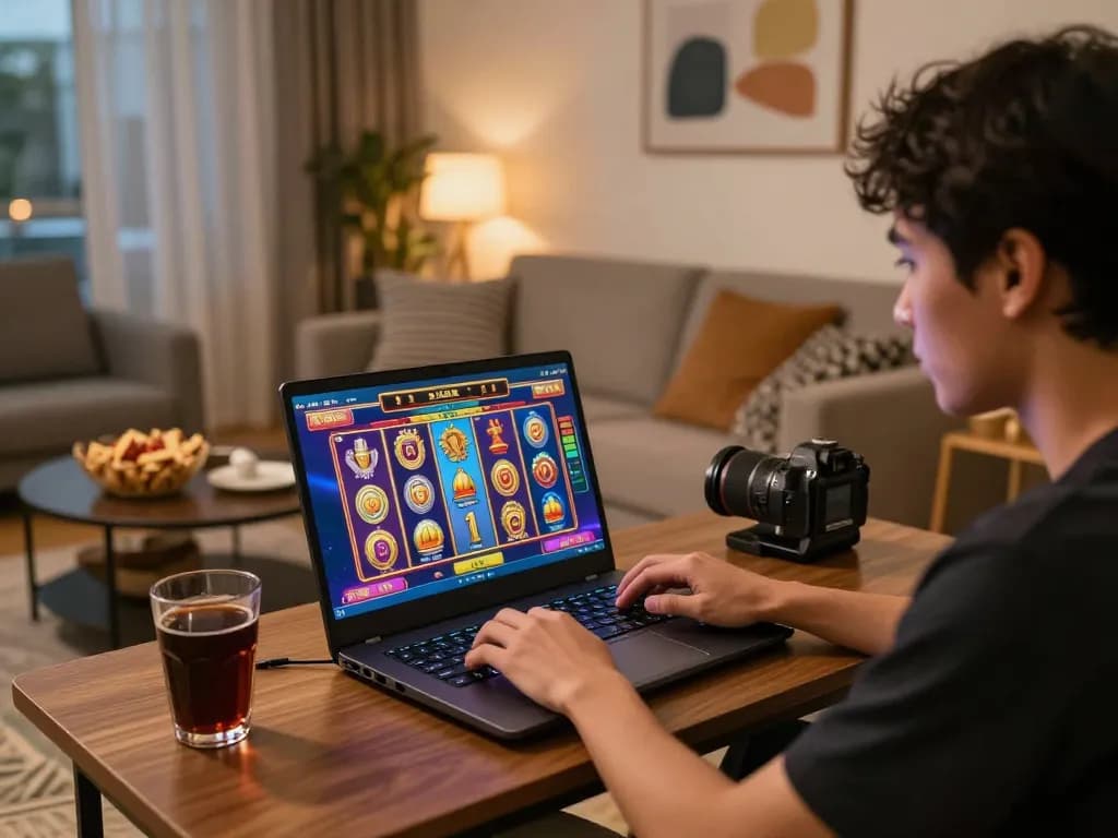 Engaging gameplay of slot thailand on a laptop in a cozy home environment, showcasing dynamic online casino experience