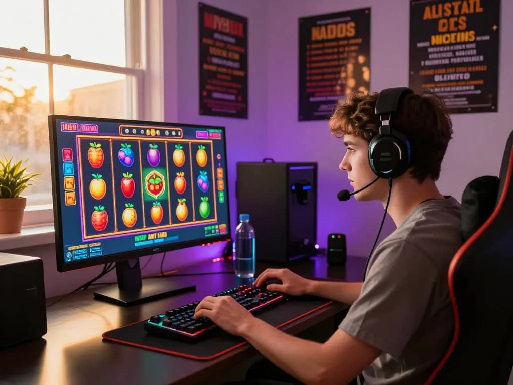 Pemain menikmati permainan slot yang mendebarkan di virus88, dikelilingi oleh grafik yang cerah dan peralatan permainan dalam pengaturan yang nyaman.