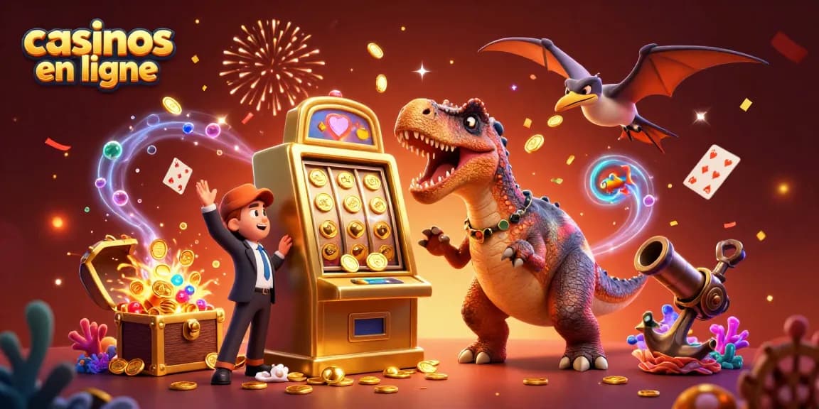 Scène animée illustrant des jackpots aux casinos en ligne avec des dinosaures et des machines à sous.
