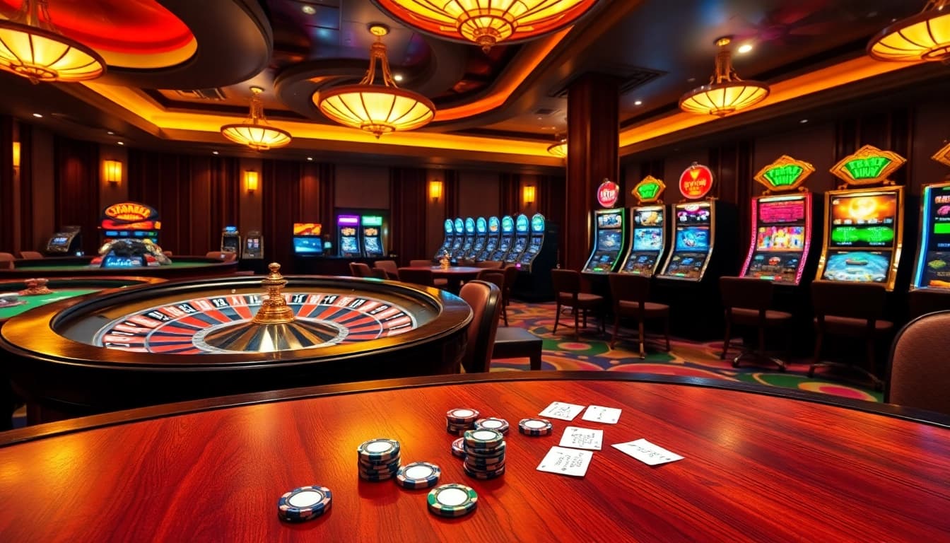 A dynamic online gambling scene with roulette, poker tables, and slot machines at 8day.cn.com.