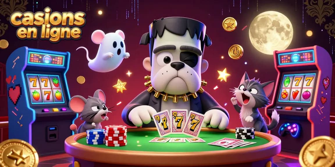 Jouez à des casinos en ligne avec un bulldog monstre et des machines à sous colorées.