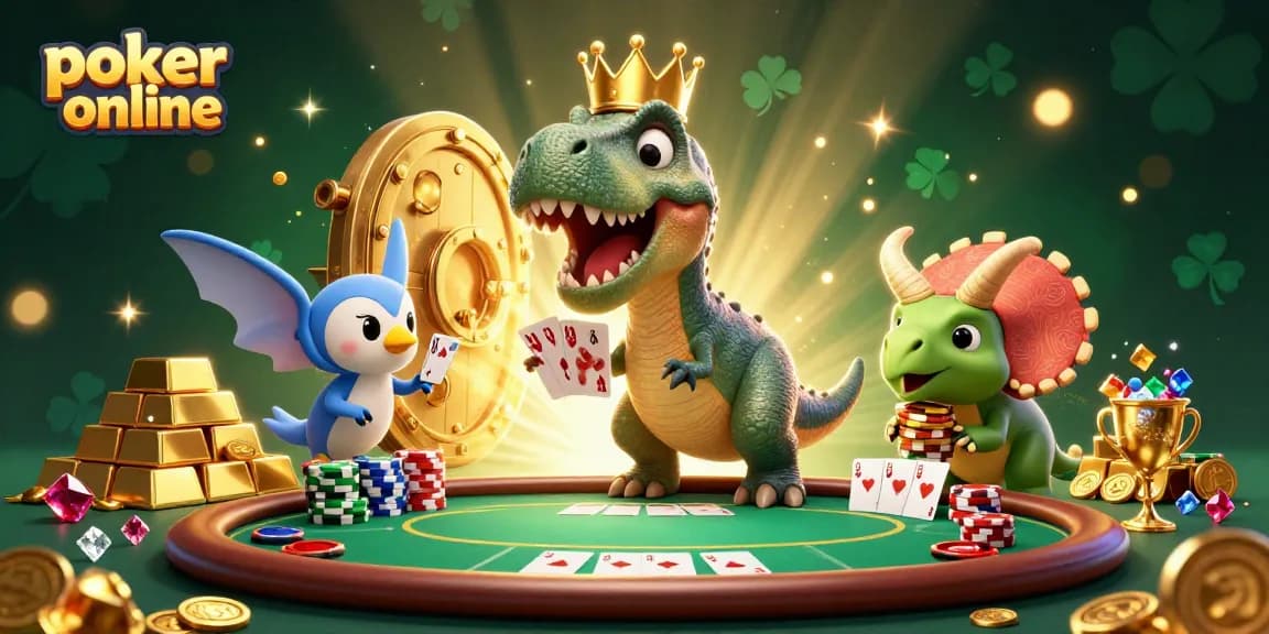 Jouez au poker en ligne avec des personnages amusants, un T-Rex et un Tricératops, entourés d'éléments de jeu captivants.