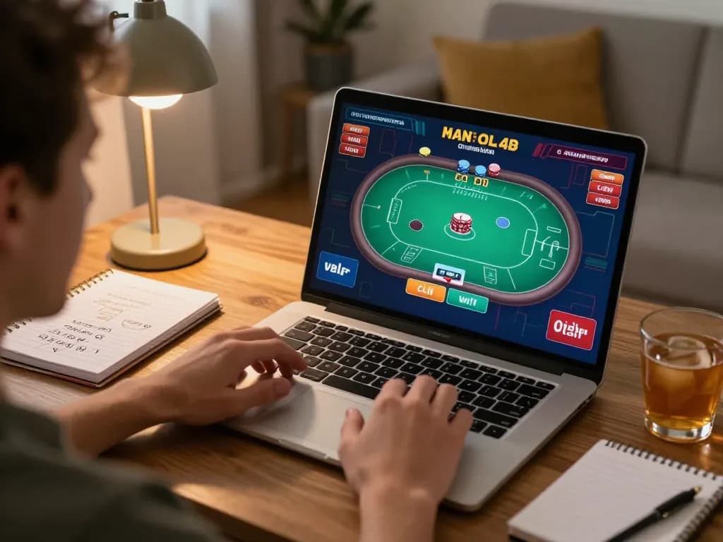 Excited player engaging in manclub online poker game with strategic focus in a cozy home setup.