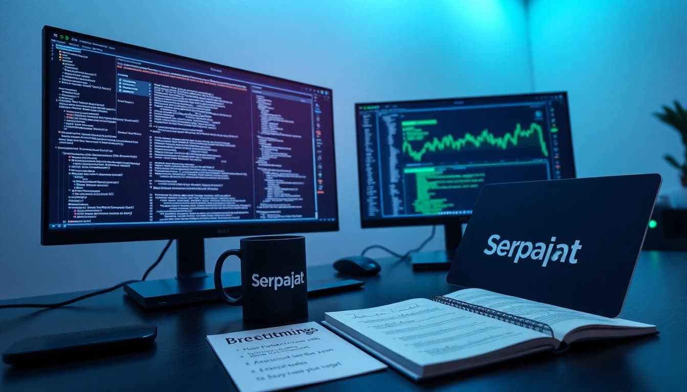 software engineering workspace with dual monitors displaying code and financial charts