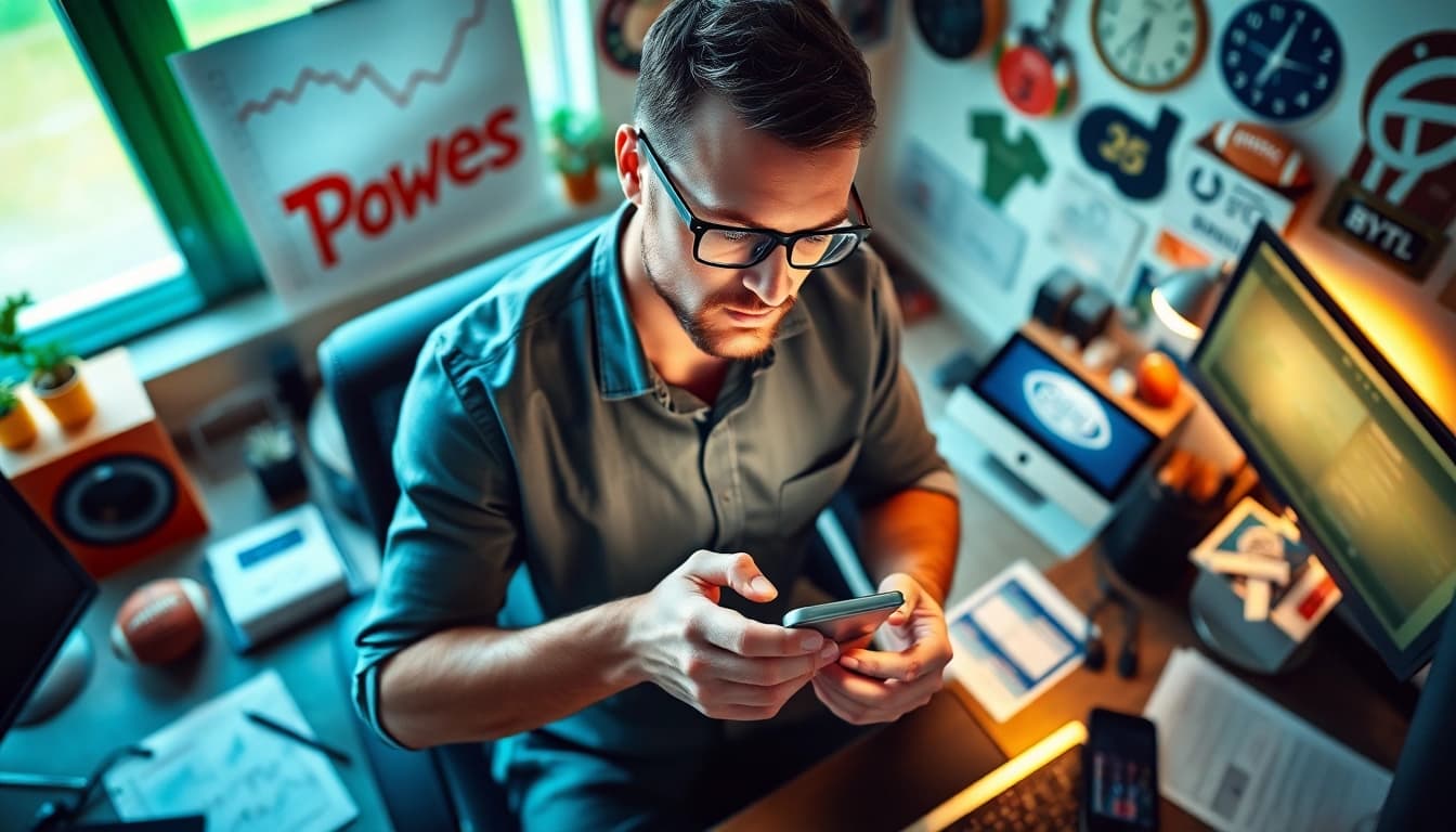 Engaged sports bettor exploring online sports betting California on a smartphone in a modern setting.