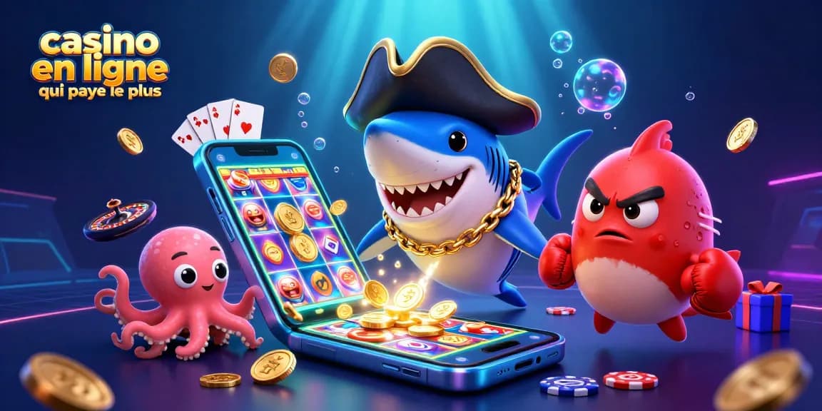 Illustration dynamique de "casino en ligne qui paie le plus" avec un requin pirate, un poisson-globe et un bébé pieuvre joyeux
