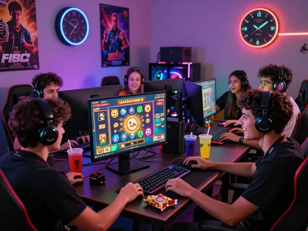 Pemain menikmati sesi permainan slot gacor hari ini di tengah suasana permainan online yang menarik dengan grafik berwarna-warni dan camilan.