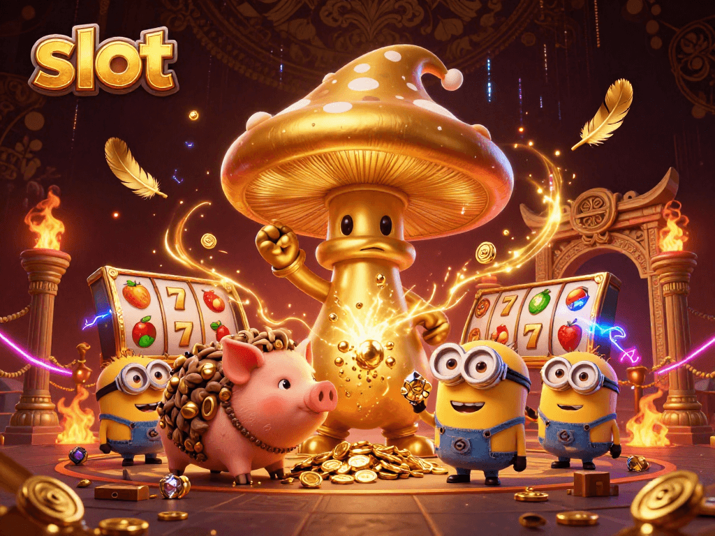 Slot menghadirkan wizard jamur emas raksasa, dengan harta karun berkilau dan elemen kasino yang menarik.