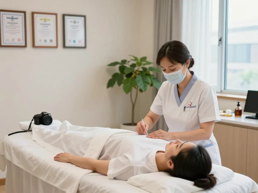 Healing acupuncture session at 수원한의원, showcasing serene treatment room ambiance.