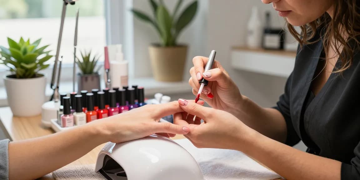 Clientă care primește aplicarea ojei semipermanente într-un salon de frumusețe modern, prezentând culori vibrante de lac de unghii și artă pe unghii.