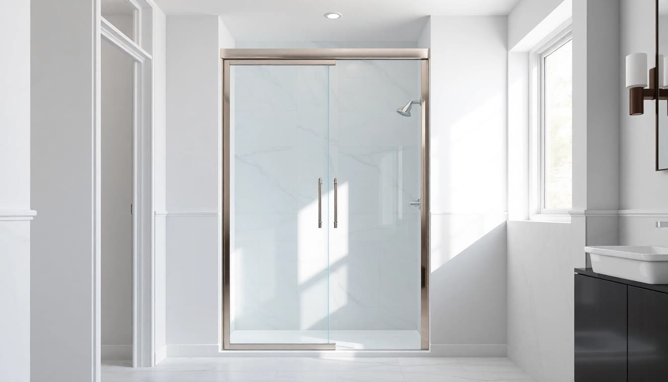 Stylish sliding shower doors in a modern bathroom setting with elegant design details.
