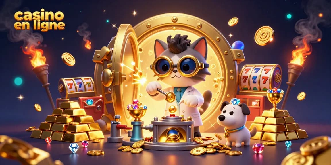Jouez à des casinos en ligne captivants avec des personnages dynamiques créant de l'or au milieu d'éléments de jeu vibrants.