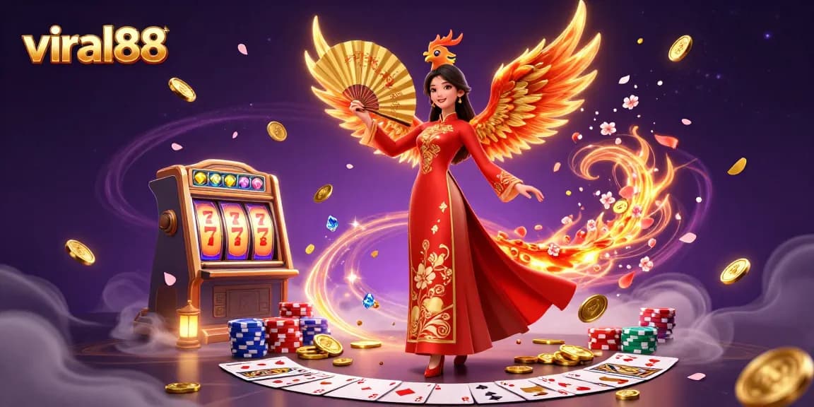 Engage with viral88's vibrant casino scene of a woman in red ao dai and a phoenix amidst slot reels.