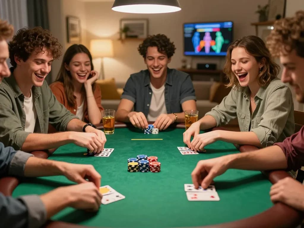 A thrilling poker game at home showcasing friends and their strategies at an Agen Casino Online night with stacked chips and competitive spirits.
