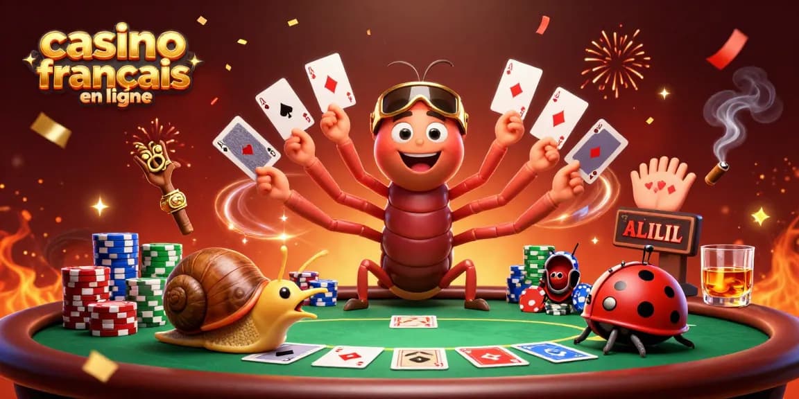 Illustration dynamique d'un casino français en ligne avec un mille-pattes dealer, un escargot parieur et un insecte à pilule.