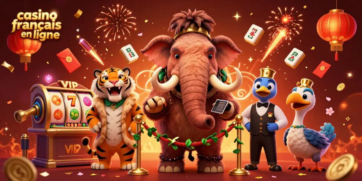 Un bouncer mammouth vérifie les identifiants à l'entrée d'un casino français en ligne avec des éléments festifs.