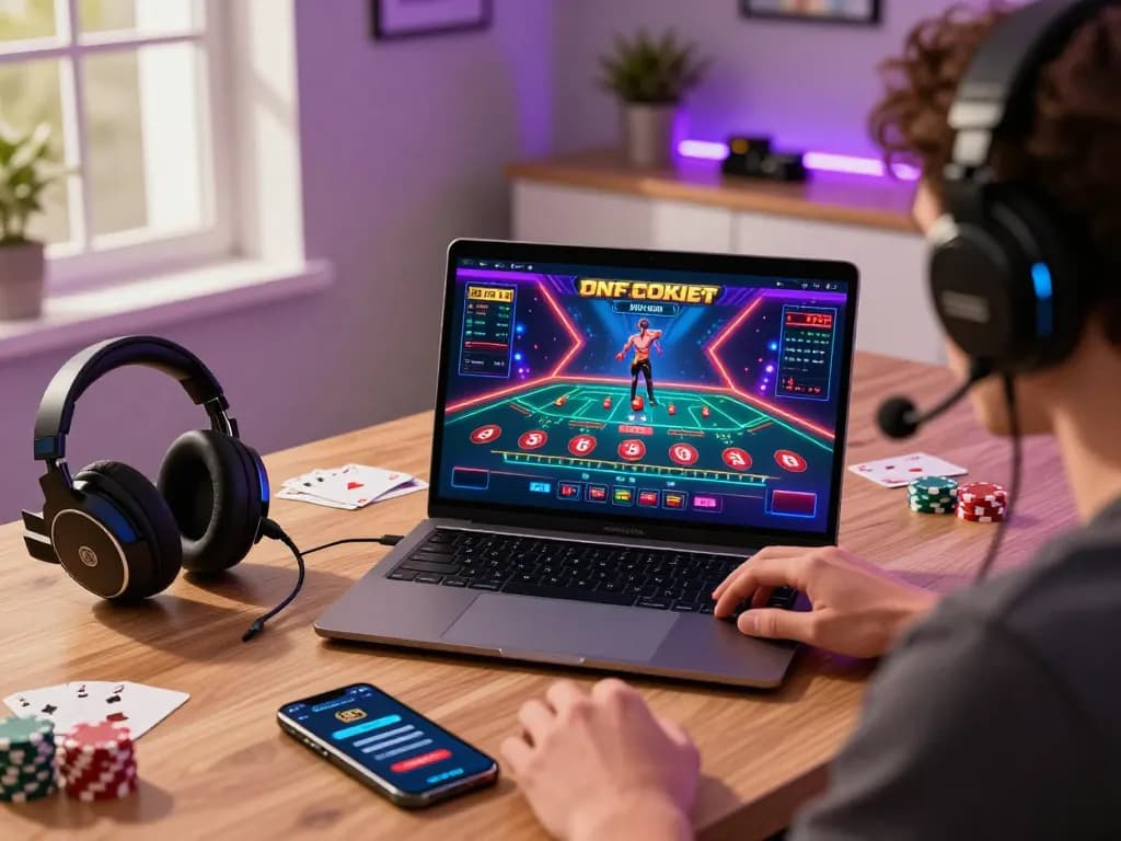Engaged player enjoying a baccarat game on a stylish laptop at home, immersed in a vibrant 바카라사이트 atmosphere.