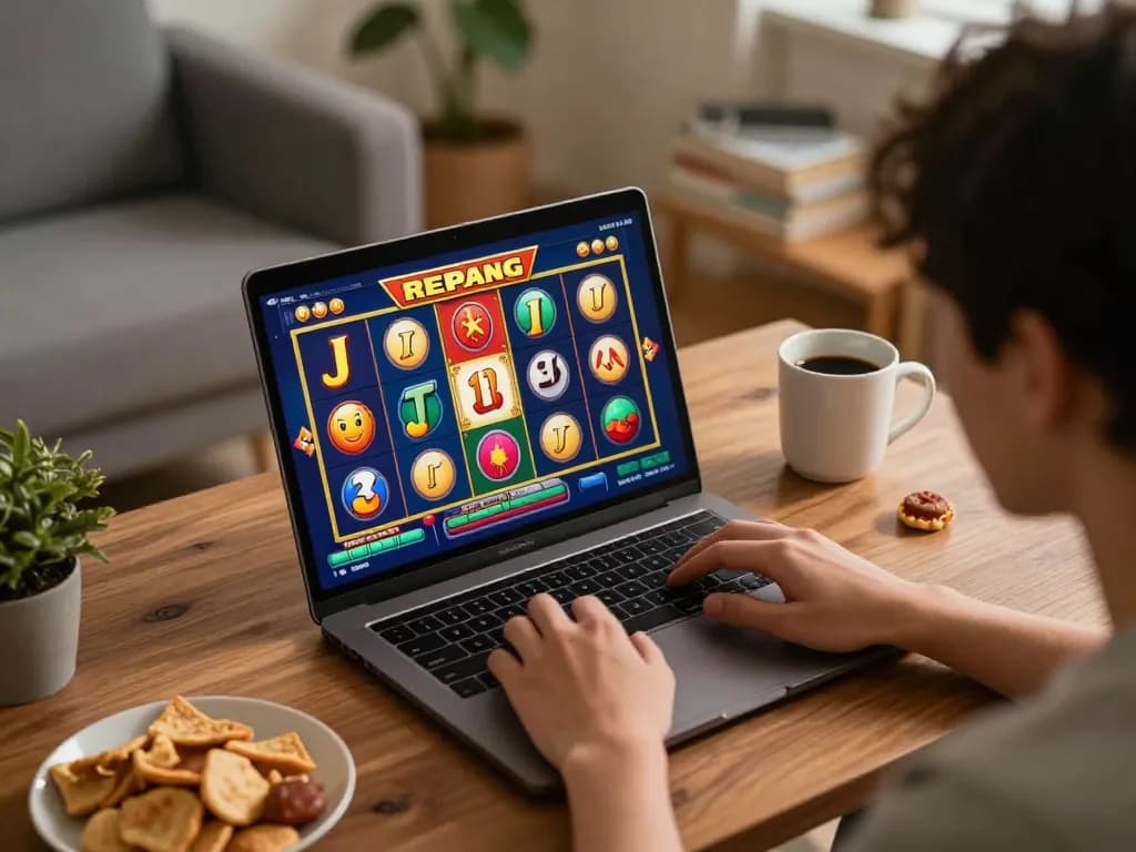 Playing engaging online slot jepang with colorful graphics during a cozy home gaming session.