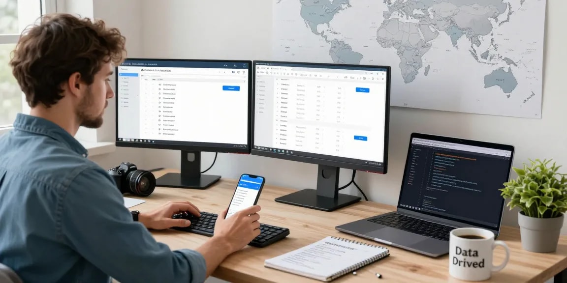 Developer using the who-called-me phone number lookup tool in a modern workspace with dual monitors.