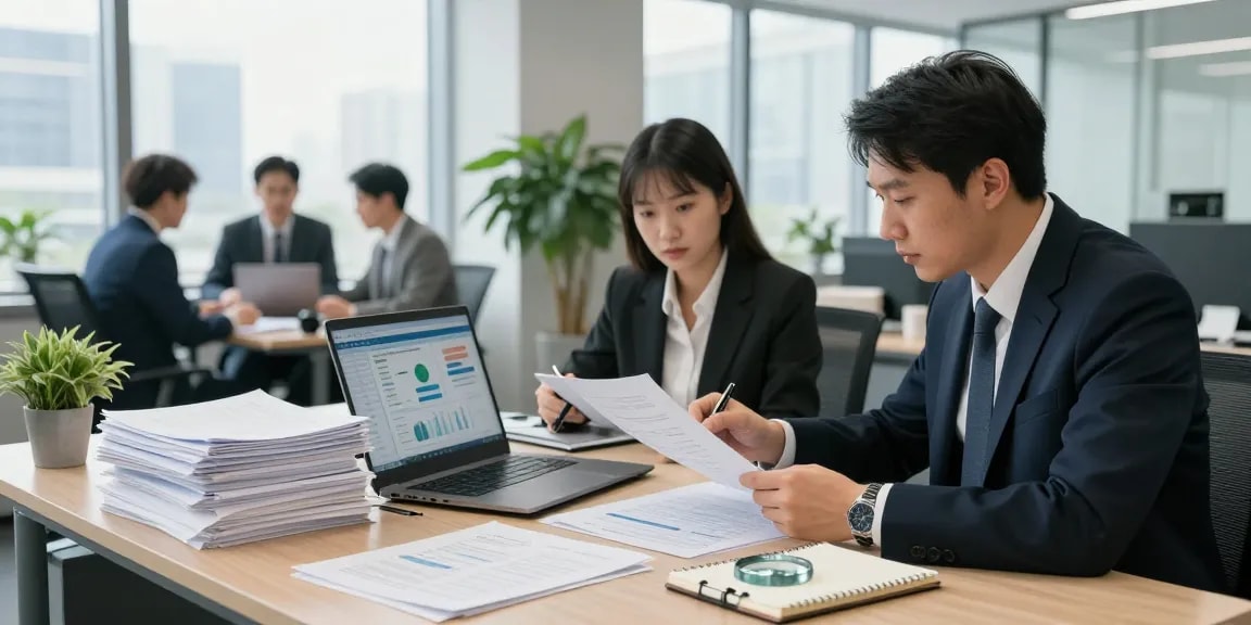 Asset tracing process in a corporate office with professionals analyzing financial data.