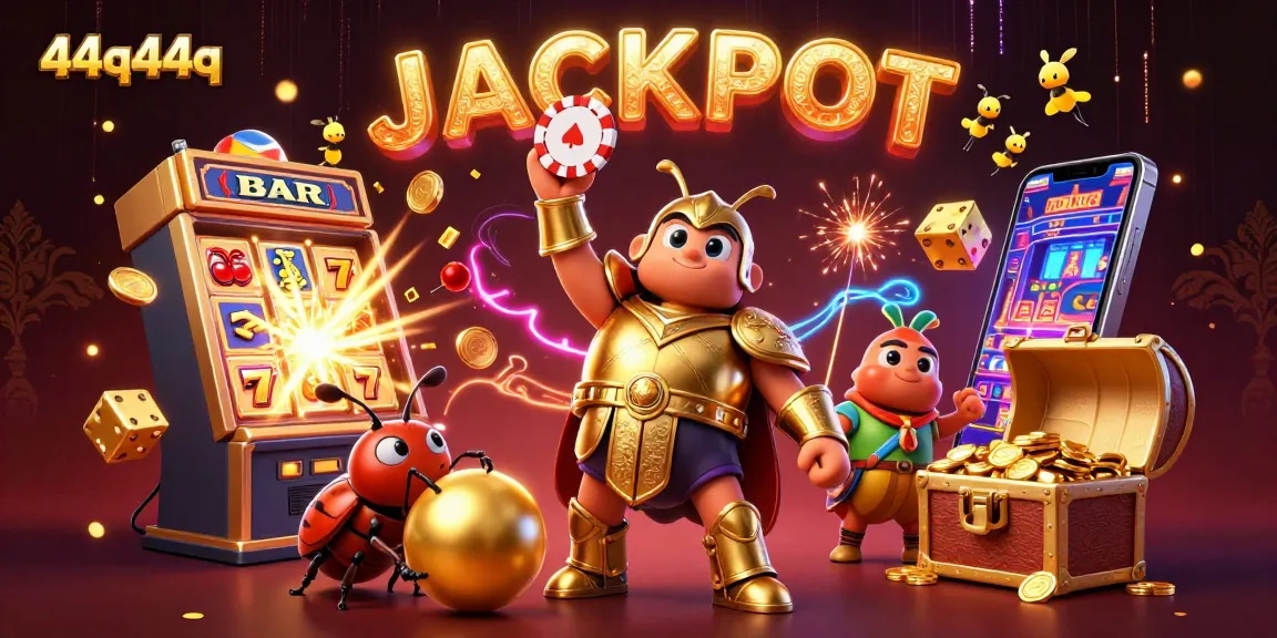 44q44q celebrando grande vitória em cassino com insetos e jackpot digital.