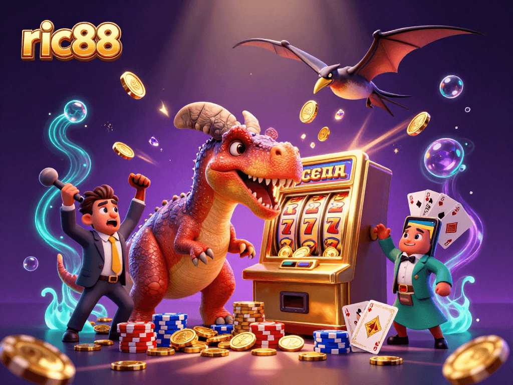 Watch the ric88 pachycephalosaurus win a jackpot at the golden slot machine in a vibrant casino scene.