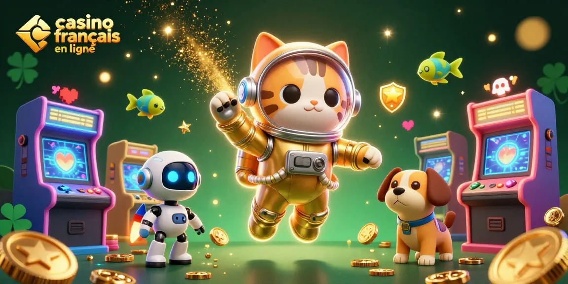 Engagez-vous dans le casino francais en ligne avec l'illustration d'un chat astronaute et ses compagnons spatiaux.
