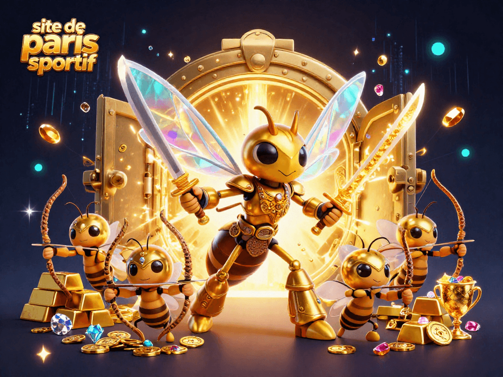 Pariez sur le site de paris sportif avec une scène dynamique de personnages et trésors scintillants.