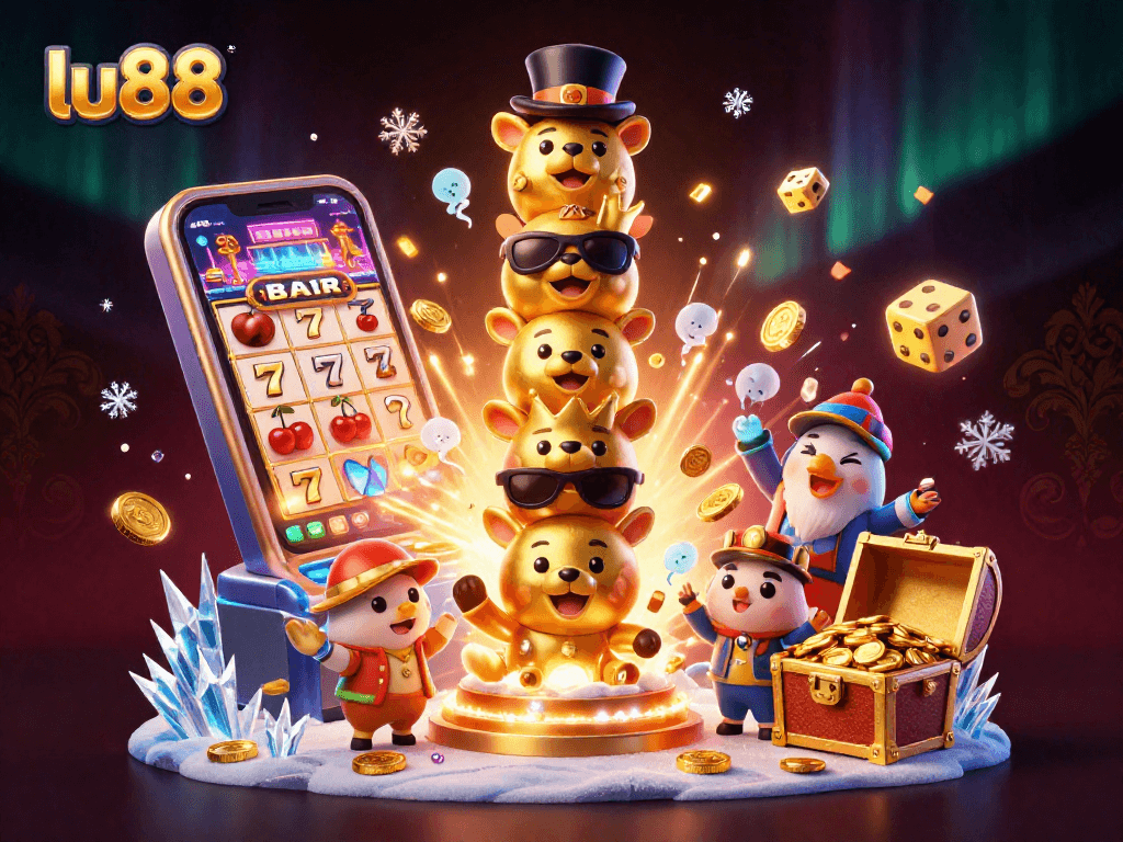 Experience thrilling gameplay at lu88 with a vibrant, 3D casino illustration showcasing dynamic slot machines bursting with rewards.