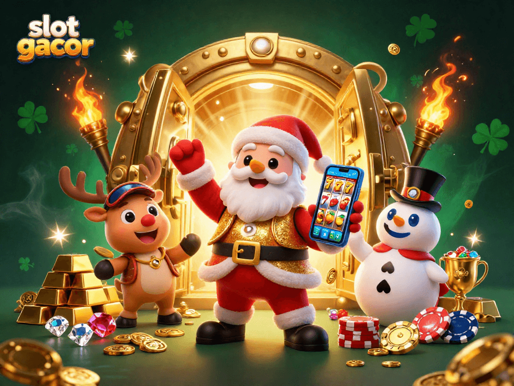 Slot gacor menampilkan Santa Claus dengan rekan-rekan dalam kasino, dikelilingi harta karun dan simbol kemenangan.
