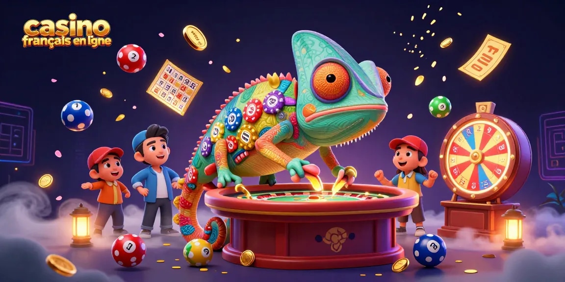 Découvrez l'animation captivante du casino français en ligne avec des éléments de jeu et des couleurs vives.