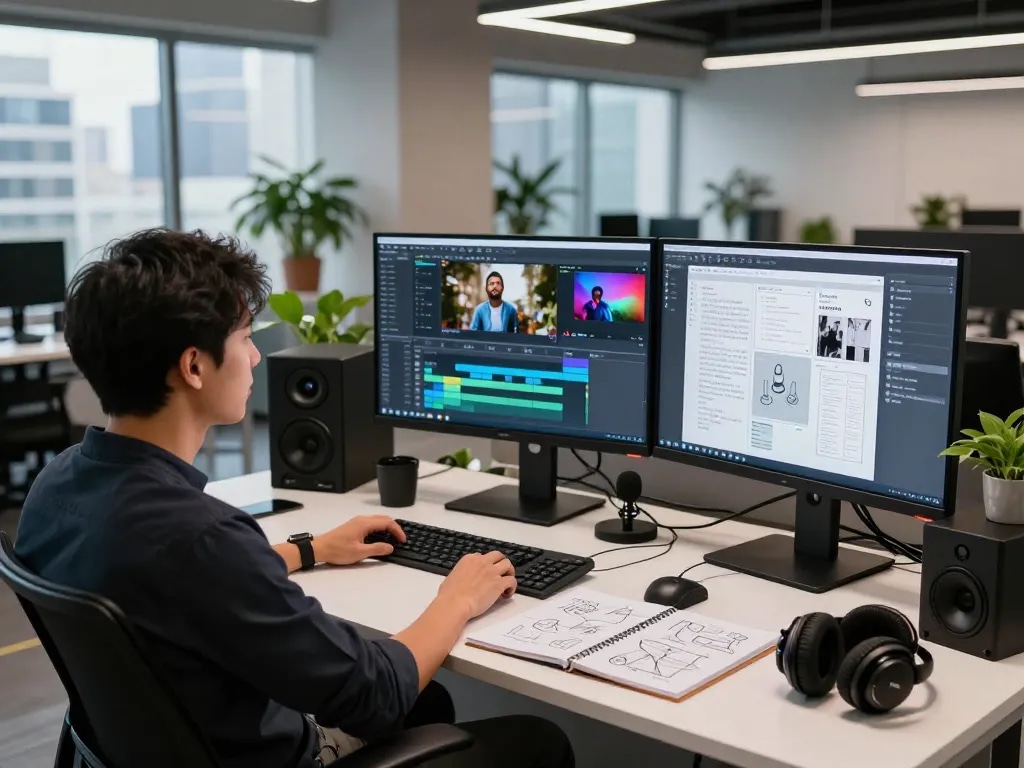 Content creator using seedance 2.0 at a video production workstation with multiple monitors and audio equipment.