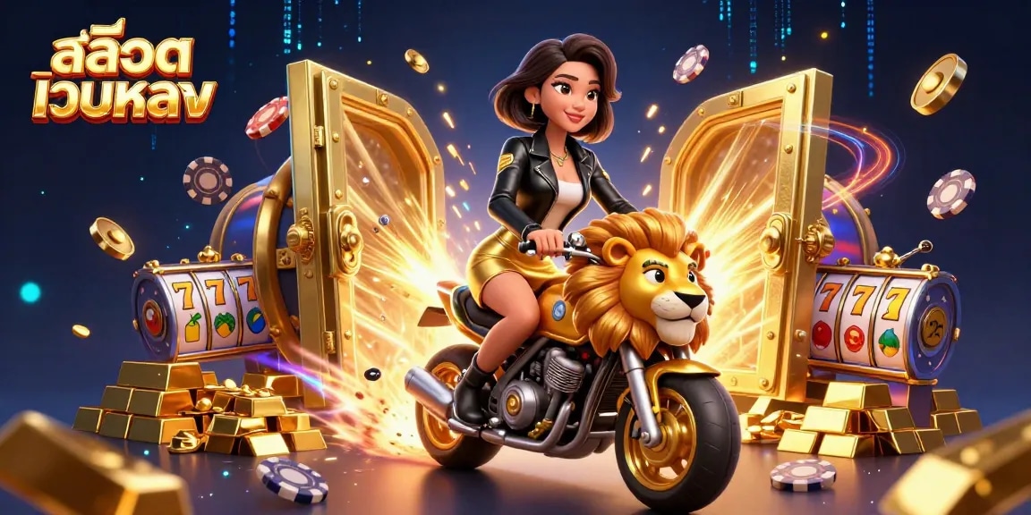 Engage in thrilling สล็อตเว็บตรง slots with an exciting illustration of a glamorous character amidst gold and gem treasures.