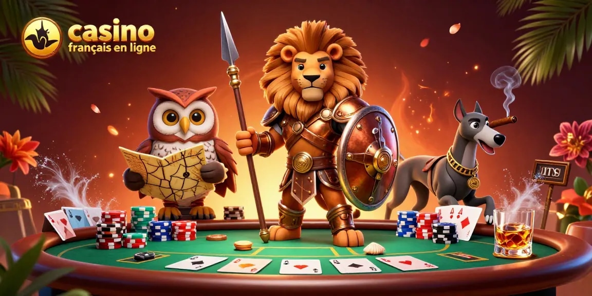 Visualisez une scène captivante de jeu au casino français en ligne avec des personnages stratégiques.