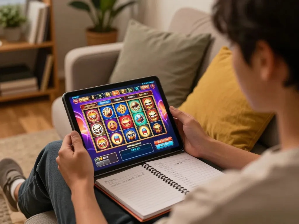 Engaging online session of slot bet 200 perak showing vibrant slot reels on a tablet with cozy home setup