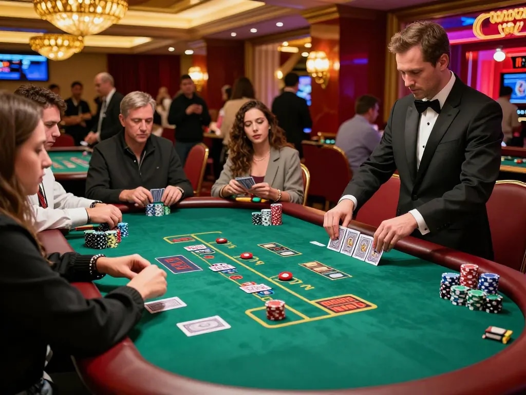 Action-packed blackjack gameplay at a vibrant casino showcasing nhacaiuytinn.