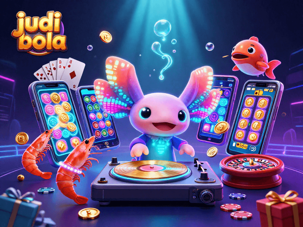 Engage in judi bola betting with colorful slot games and energetic characters in a vibrant underwater scene.
