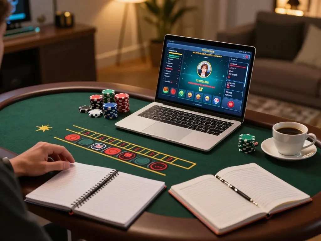 ee88 user engaged in an online blackjack game, showcasing digital interface and cozy environment.