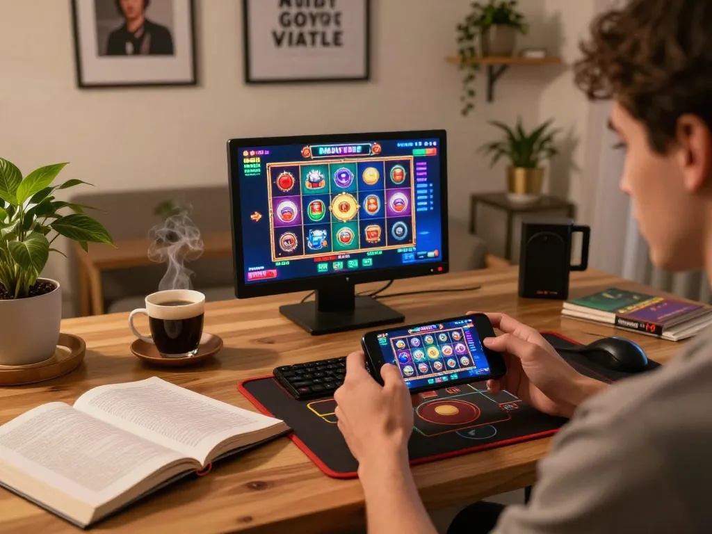 Player engaged in non gamstop casinos on mobile device with betting strategies nearby