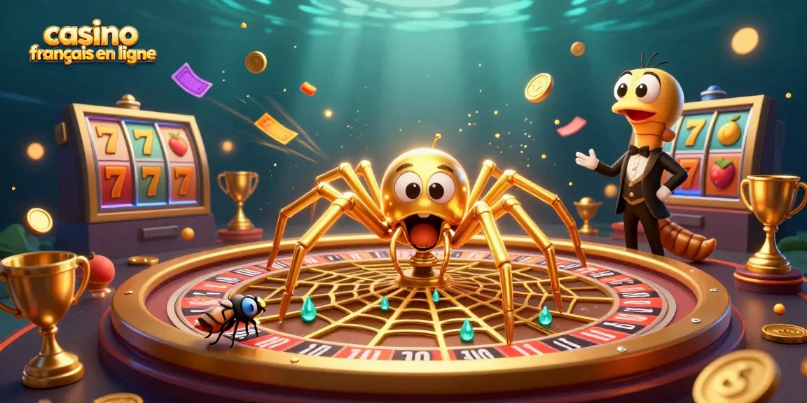 Illustration captivante d'un casino français en ligne avec une araignée d'or et une roue de roulette interactive.