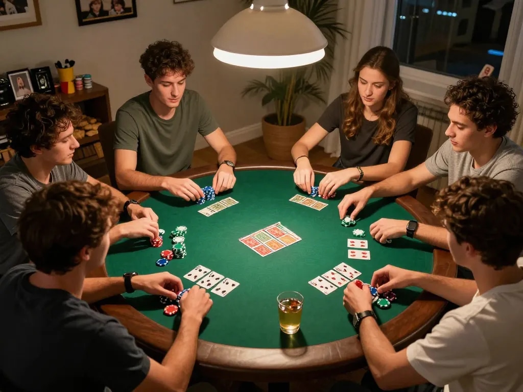 The hidden wiki dark web connects friends engaging in a lively home poker game, showcasing chips, cards, and a friendly atmosphere.