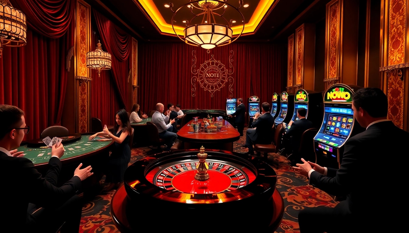Players enjoying a lively casino atmosphere at Nohu90 with roulette and slot machines.