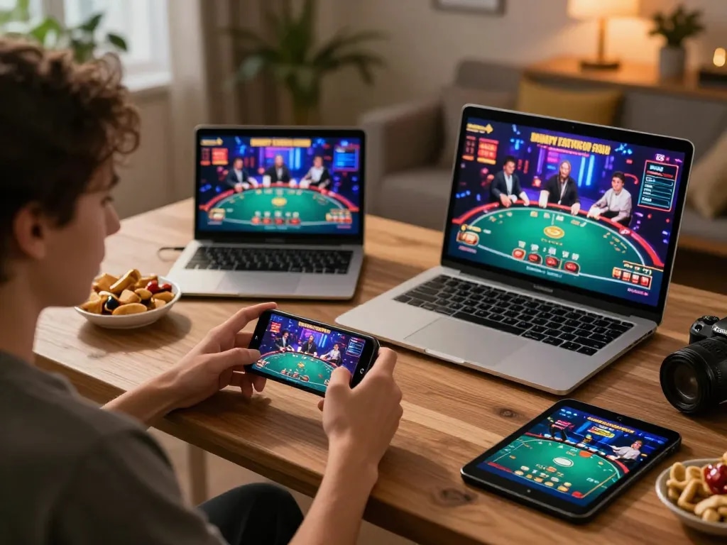 Engaging in mobile casino gaming with hitclubapk on a smartphone, depicting a cozy home setting.