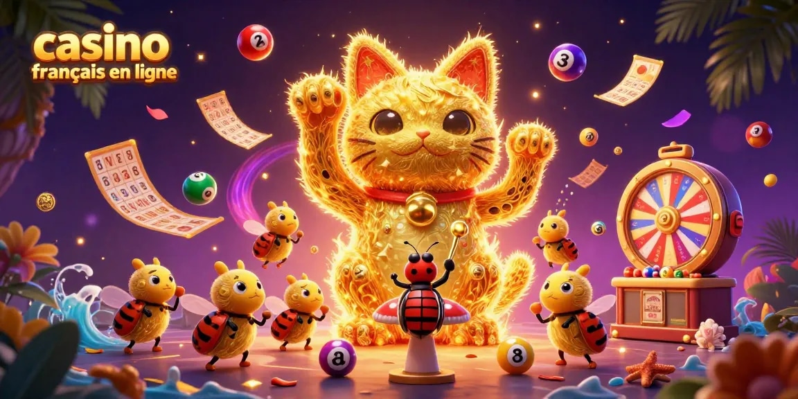 Profitez d'une expérience magique au casino français en ligne avec un chat porte-bonheur et des éléments de loterie animés.