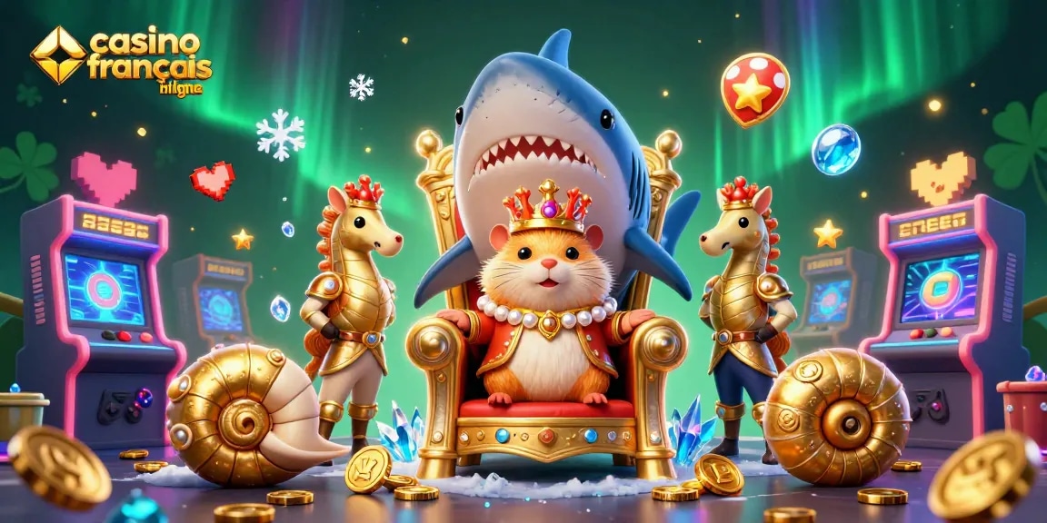 Jouez au casino français en ligne avec un roi hamster sur un trône en dents de requin, riches en jeux d'arcade.