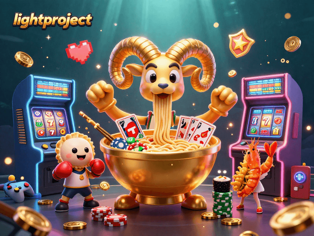 Lightproject promotes gaming excitement with a giant ramen bowl character and vibrant casino elements.