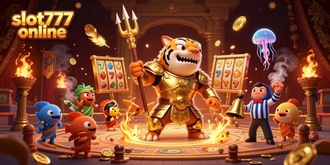 Spin the slot777 online reels with a fierce shark gladiator amid vibrant casino elements.