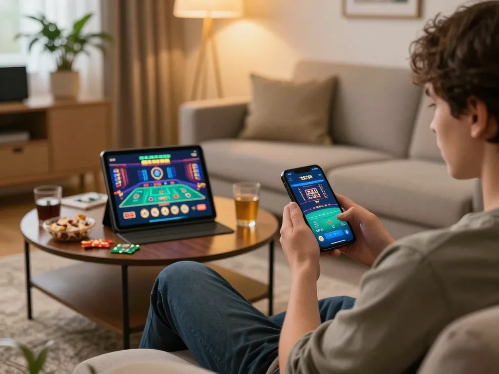 Player engaging with mdg188 mobile casino app in a cozy living room.